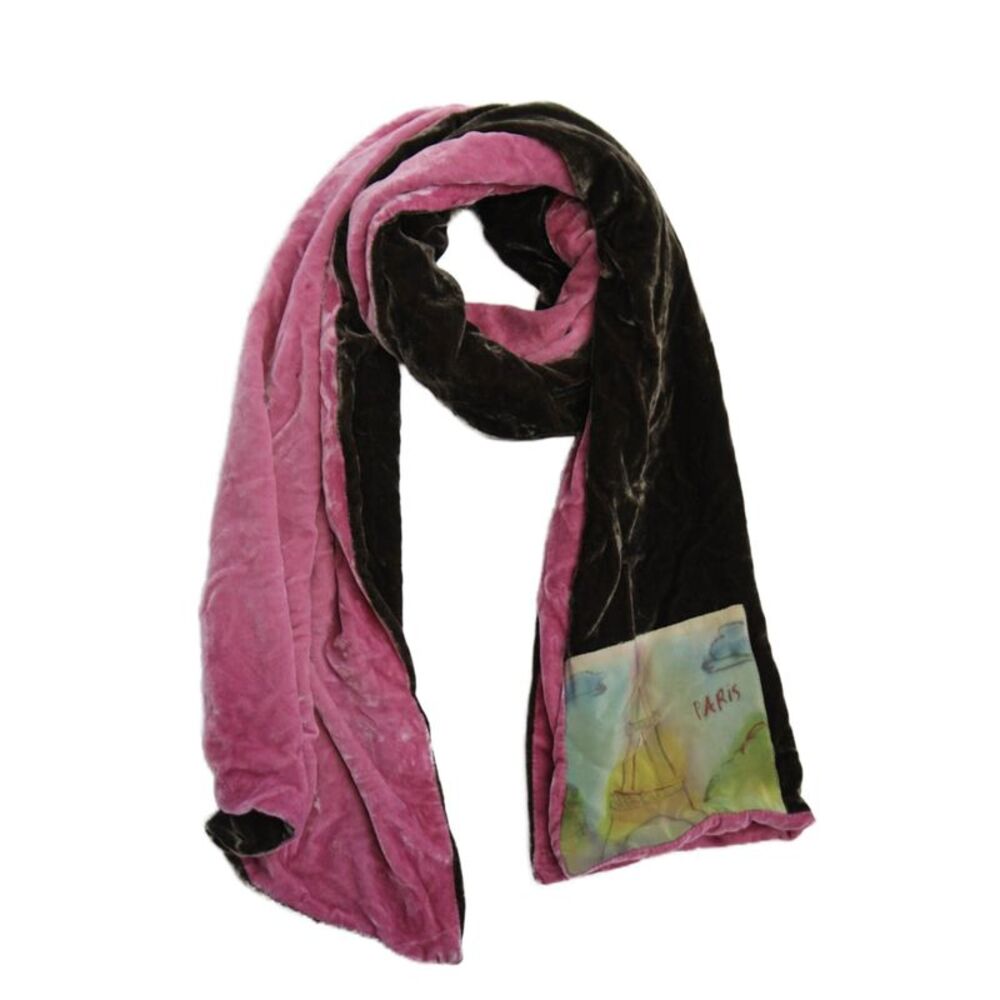 Designer Womens Velvet Colorblock Wide Paris Patch Detail Scarf Pink 54" x 13"